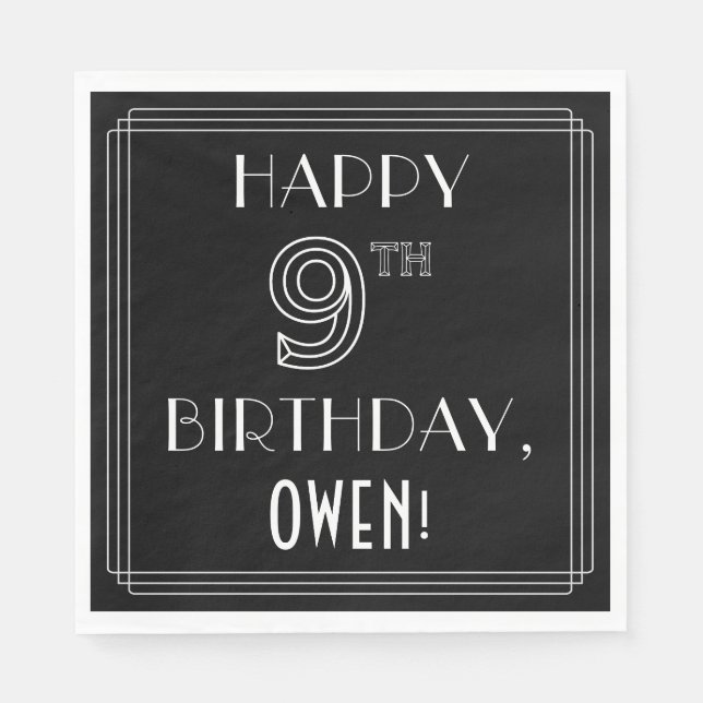 LYCKLIG 9:E BIRTHDAY; Art Deco Stil; anpassat namn Pappersservett (Framsidan)