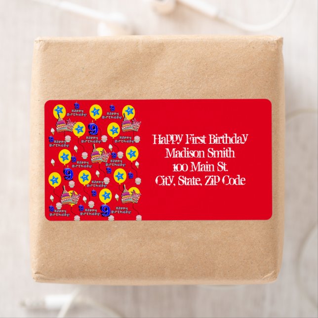 Lycklig 9:e födelsedag Adressetiketter, röd Fraktsedel (Insitu)