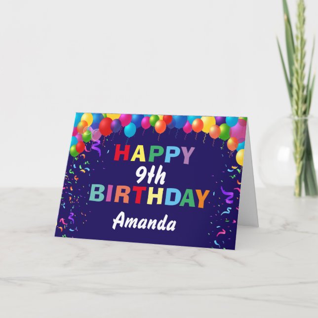 Lycklig 9:e födelsedag, färglösa bubblor, marinblå kort (Framsida)