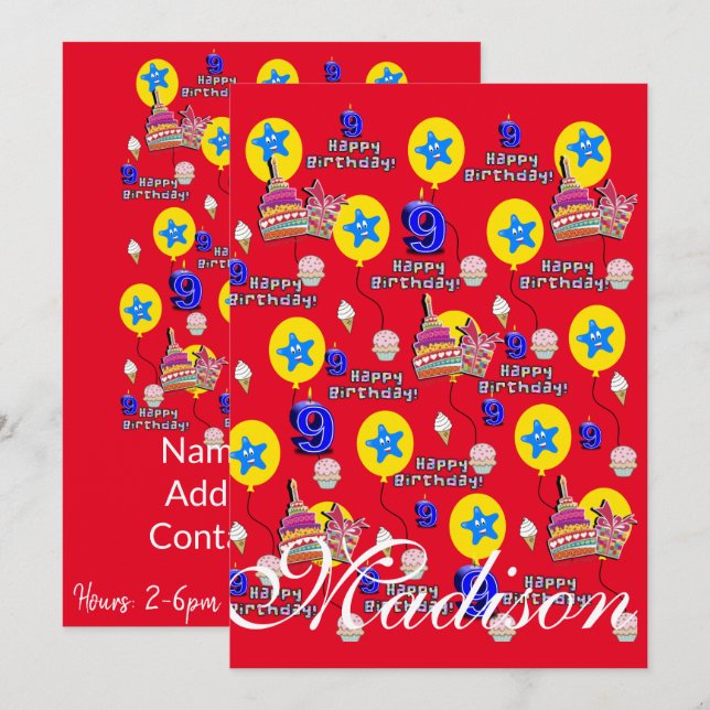 Lycklig 9:e födelsedag Födelsedag #9 Röd Inbjudningar (Fram/baksida)