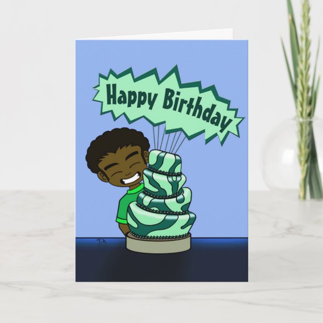 Lycklig African American Boy and Cake Birthday Kort (Framsida)