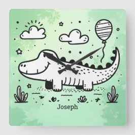 Lycklig Alligator with Balloon - Cute Nursery Art Fyrkantig Klocka
