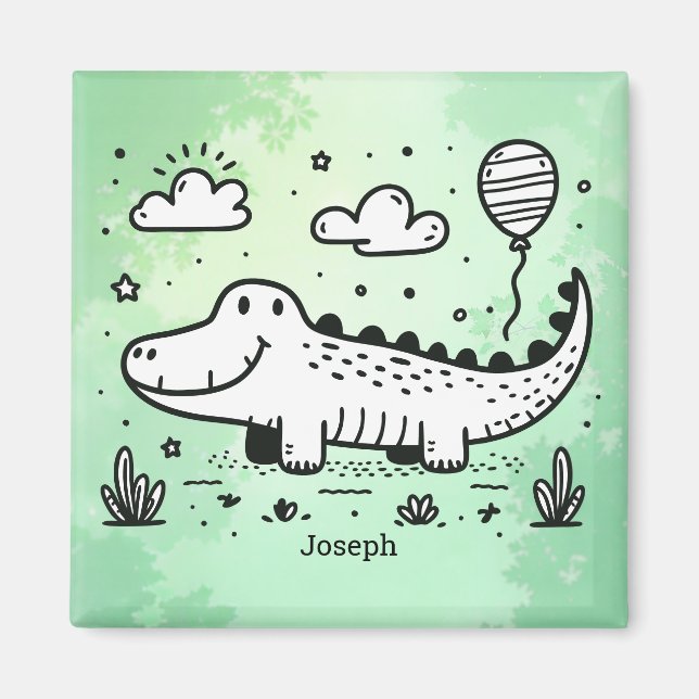 Lycklig Alligator with Balloon - Cute Nursery Art Magnet (Framsidan)