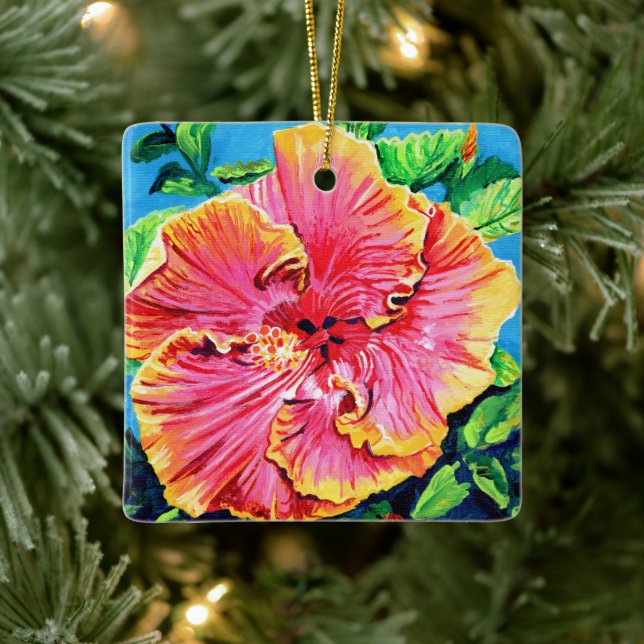 Lycklig Aloha Rosa Hibiscus Ceramic Ornament (Träd)