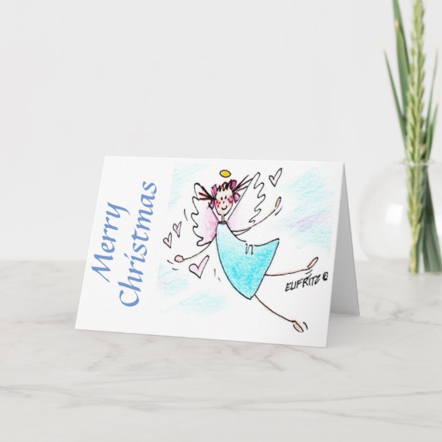 Lycklig Angel Smiling Blue Gown med Hearts Helgkort (Framsida)