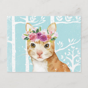 Lycklig Animal with Flowers in Blue Forest-Cat Kat Vykort