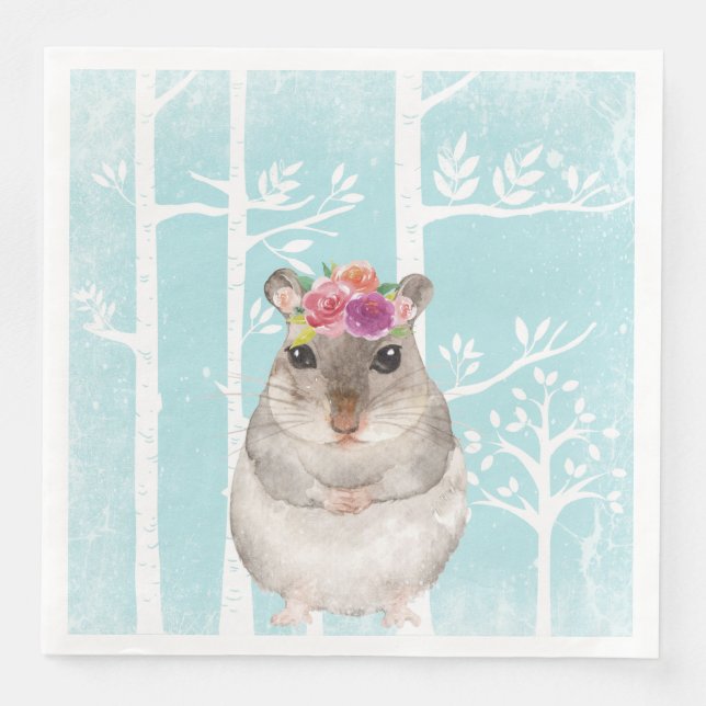 Lycklig Animal with Flowers in Blue Forest Hamster Pappersservett (Framsida)