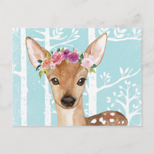 Lycklig Animal with Flowers in Blue Forest-Hjort Vykort