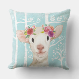 Lycklig Animal with Flowers in Blue Forest Sheep Kudde