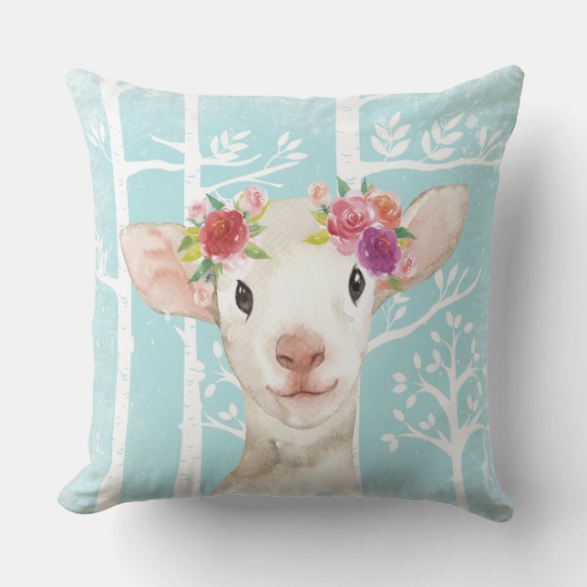 Lycklig Animal with Flowers in Blue Forest Sheep Kudde (Framsida)