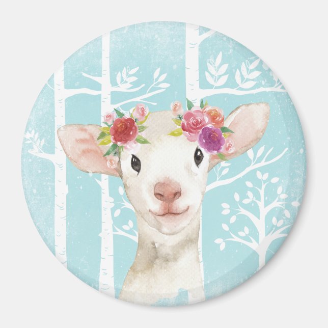 Lycklig Animal with Flowers in Blue Forest Sheep Magnet (Framsidan)