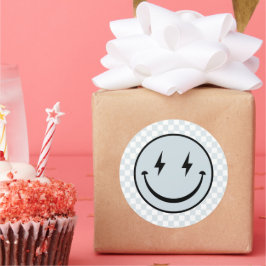 Lycklig Ansikte Groovy Blue Check Boy Birthday Runt Klistermärke