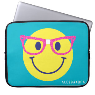 Lycklig Ansikte Nerd Teal & Rosa Personlig Laptop Fodral