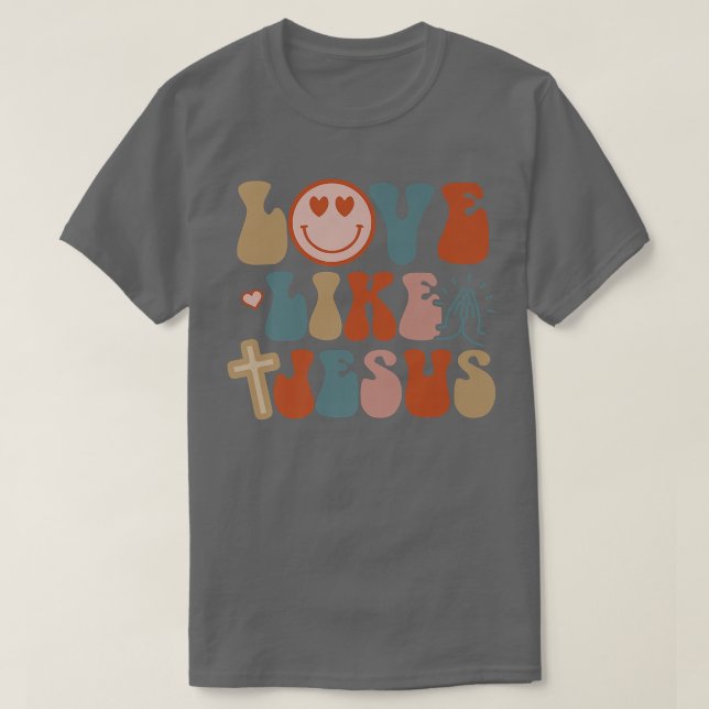Lycklig Ansikte Retro Groovy Kärlek som Jesus Fait T Shirt (Design framsida)