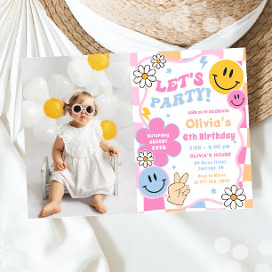 Lycklig Ansikte Smile Groovy kontrollerade födelse Inbjudningar