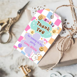 Lycklig Ansikte Smile Kontrollerade Märkre av föde Presentetikett