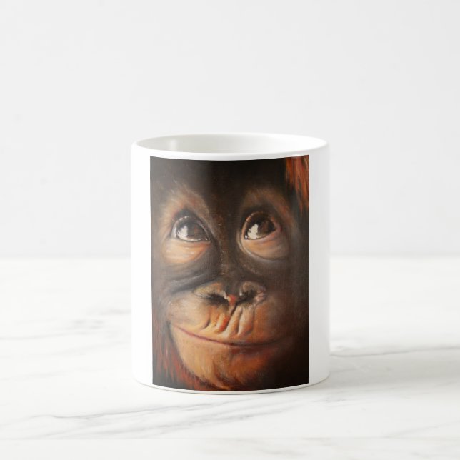 Lycklig apa som ler oljemålningorangutanen kaffemugg (Center)