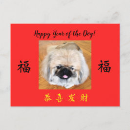 Lycklig år för Hund Pekingese CNY-vykort Helg Vykort