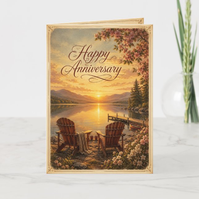Lycklig årsdag Romantiska New England vid sjö Kort (Framsida)