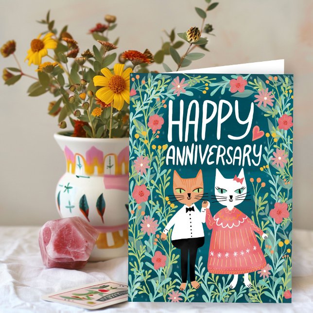 Lycklig-årsdagen - Blommigten PurrFect Pair Cats Kort (Happy Anniversary Purr-fect Pair Cute Cats Floral Handmade Card
)