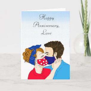 Lycklig-årsjubileum Retro par Kissing Facemasks Kort