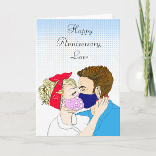 Lycklig-årsjubileum Retro par Kissing Facemasks Kort
