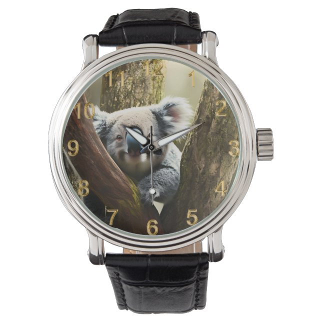 Lycklig Australian Koala i Träd, Wrist Watch Armbandsur (Framsida)