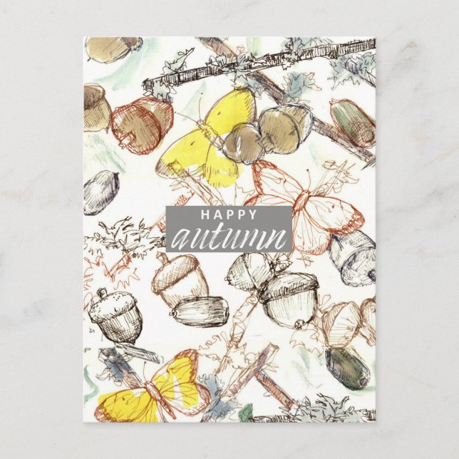 Lycklig Autumn Acorns Lichen Butterflies Watercolo Helg Vykort (Framsida)