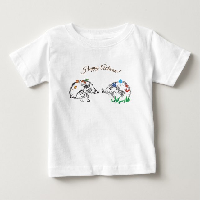 Lycklig Autumn Hedgehogs Teckning Teckning T-Shirt (Framsida)