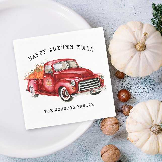 Lycklig Autumn Red Lastbil Pumpkins Personlig Pappersservett (Happy Autumn Red Truck Pumpkins Personalized Napkins)