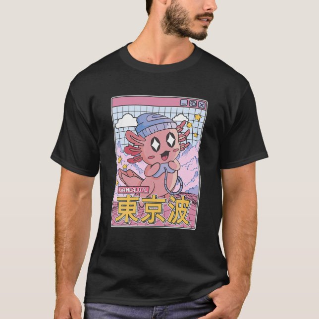 Lycklig Axolotl Gaming Vaporwave Aesthetic Kawaii  T Shirt (Framsida)