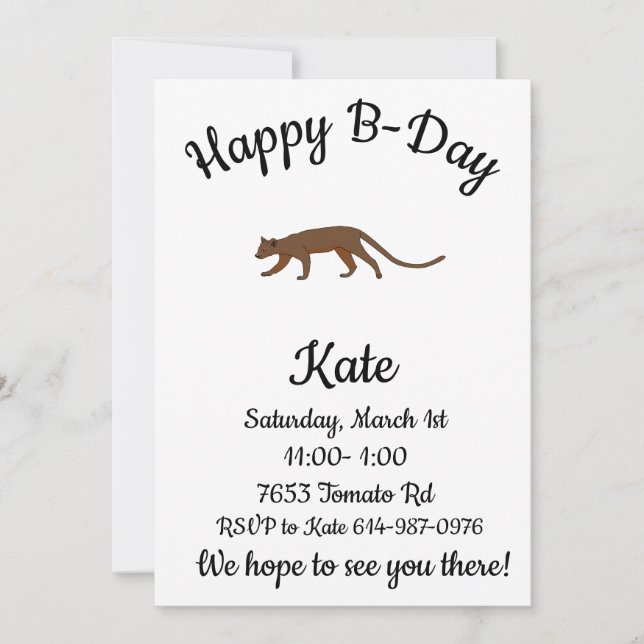 Lycklig B-day Fossa Madagaskar Animal Inbjudningar (Framsida)