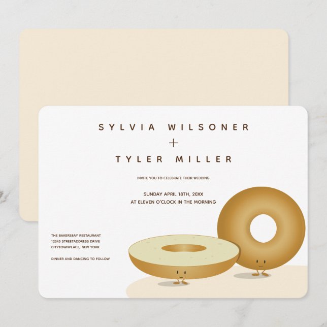 Lycklig Bagels Bröllop White Cream Brown Inbjudningar (Fram/baksida)