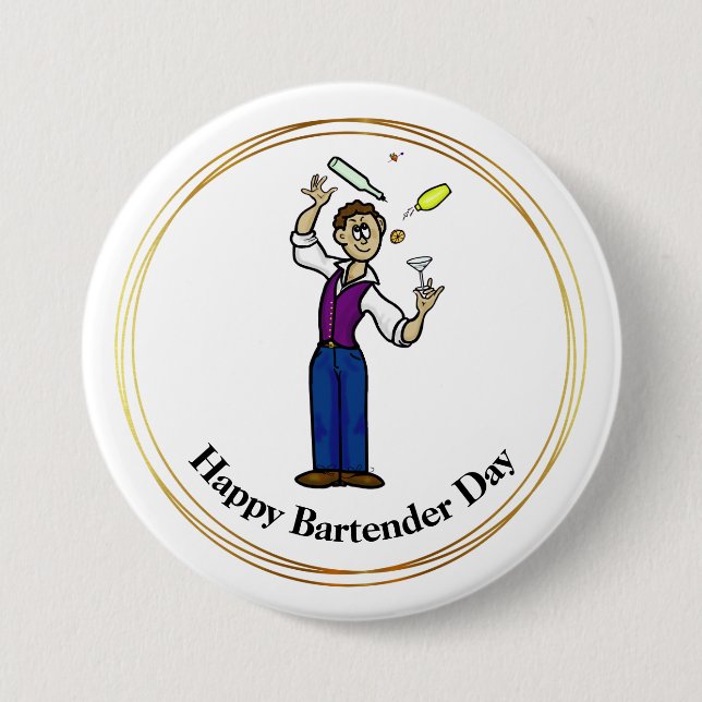 Lycklig Bartender Day Button - Manlig Tecknad Knapp (Framsida)
