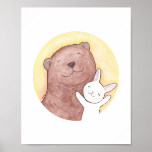 Lycklig Bear and Bunny Art Poster Woodland Decor