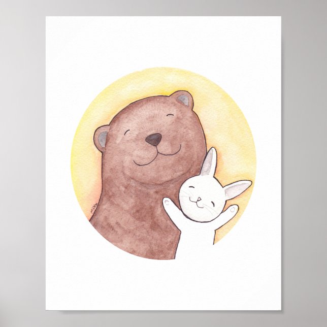 Lycklig Bear and Bunny Art Poster Woodland Decor (Framsidan)