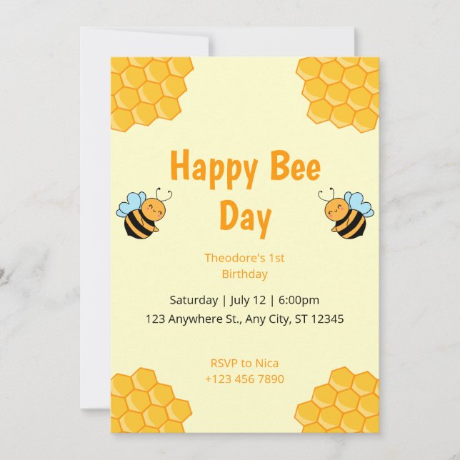 Lycklig Bee-dagen Humla Födelsedagsfest inbjudan (Framsida)
