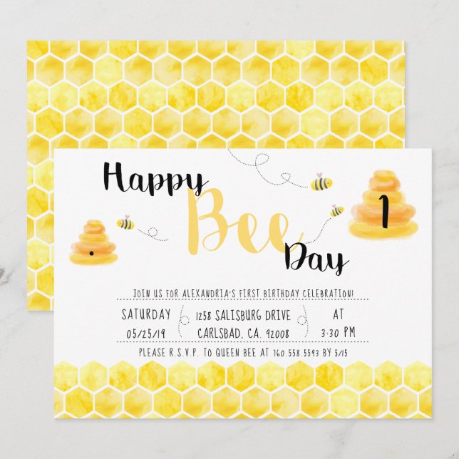 Lycklig Bee Day Black and Gult Bee Thée Party Inbjudningar (Fram/baksida)