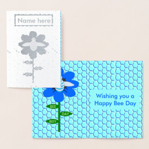 Lycklig Bee Day Boy Blue Birthday Bumblebee Anpass Folierat Kort