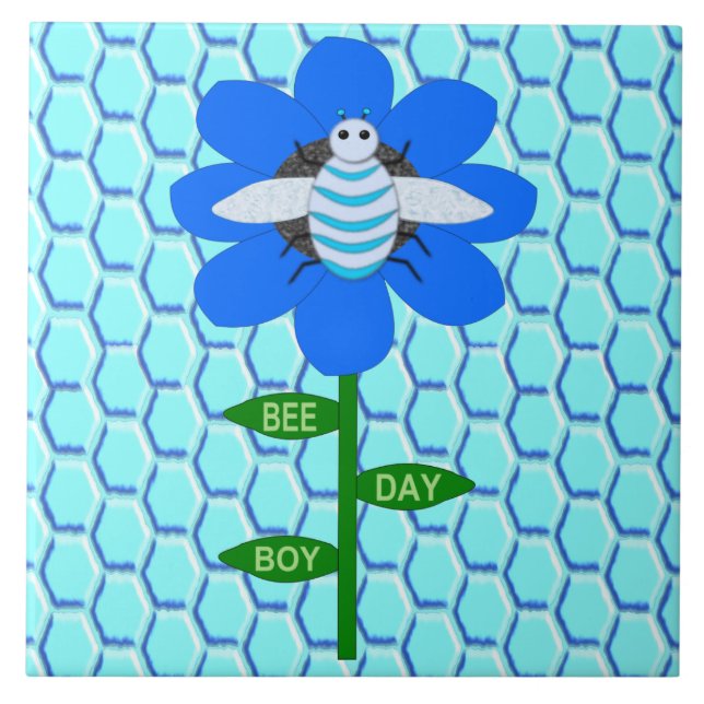 Lycklig Bee Day Boy Blue Birthday Bumblebee Kakelplatta (Framsidan)