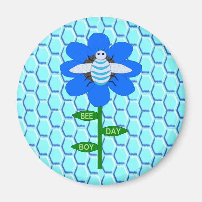 Lycklig Bee Day Boy Blue Birthday Bumblebee Magnet (Framsidan)