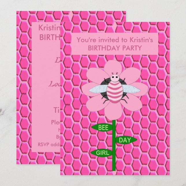 Lycklig Bee Day Girl Rosa Birthday Bumblebee Anpas Inbjudningar (Fram/baksida)