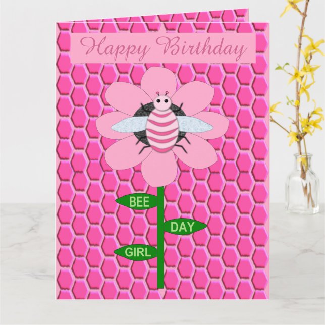 Lycklig Bee Day Girl Rosa Birthday Bumblebee Anpas Kort (Gul blomma)