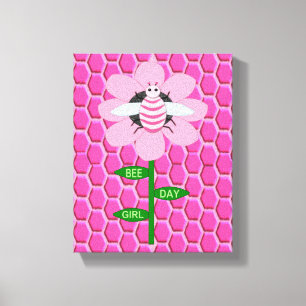 Lycklig Bee Day Girl Rosa Birthday Bumblebee Canvastryck