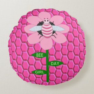 Lycklig Bee Day Girl Rosa Birthday Bumblebee Rund Kudde