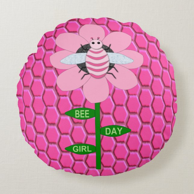 Lycklig Bee Day Girl Rosa Birthday Bumblebee Rund Kudde (Framsidan)