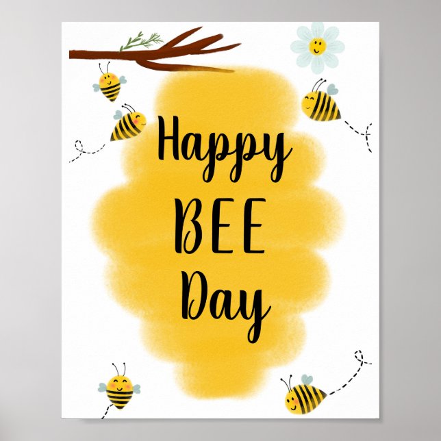 Lycklig Bee Day | Humla Födelsedagsfest-tecken Poster (Framsidan)