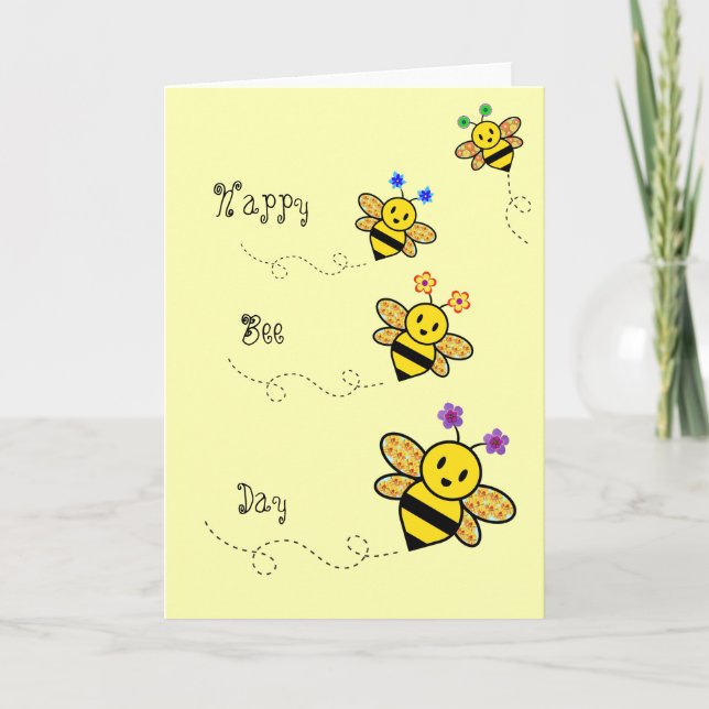 Lycklig Bee Day Whimsical Blommigt Geo Shape Kort (Framsida)