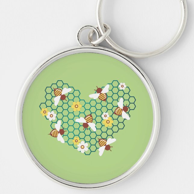 Lycklig Bee Heart Rund Silverfärgad Nyckelring (Framsidan)