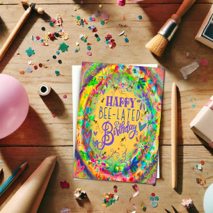 Lycklig Bee-lated Birthday Belated Blommigt Söt Kort